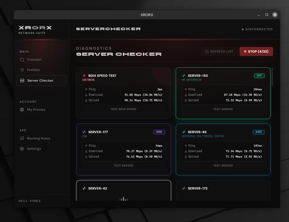 XRORX client speed diagnostic page testing BDIX proxy server speed and ping
